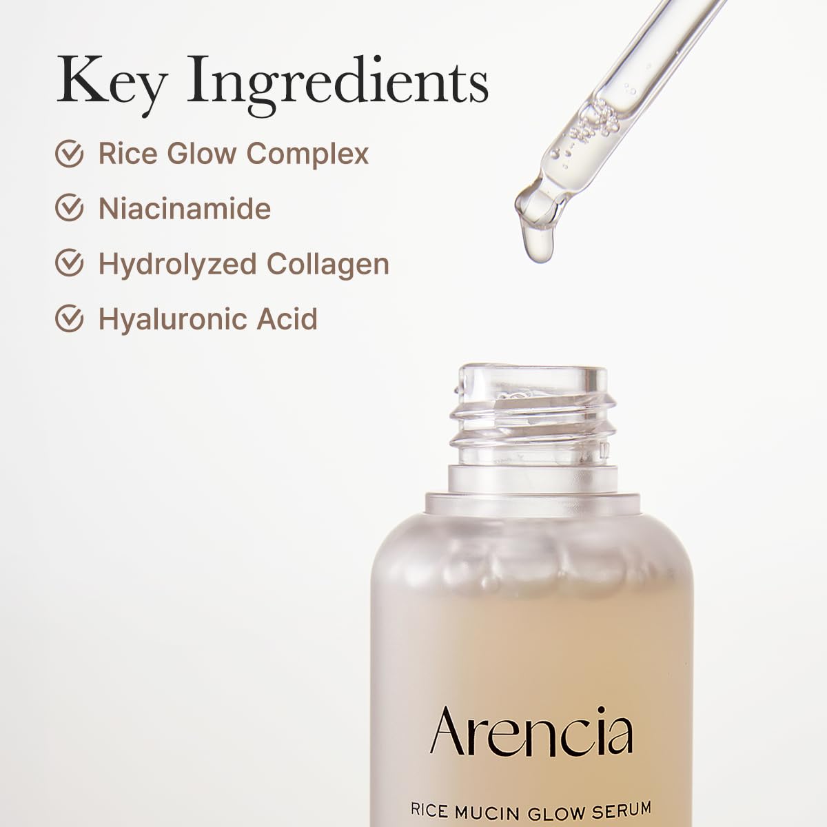 ARENCIA glow serum being applied for a luminous, hydrated complexion.