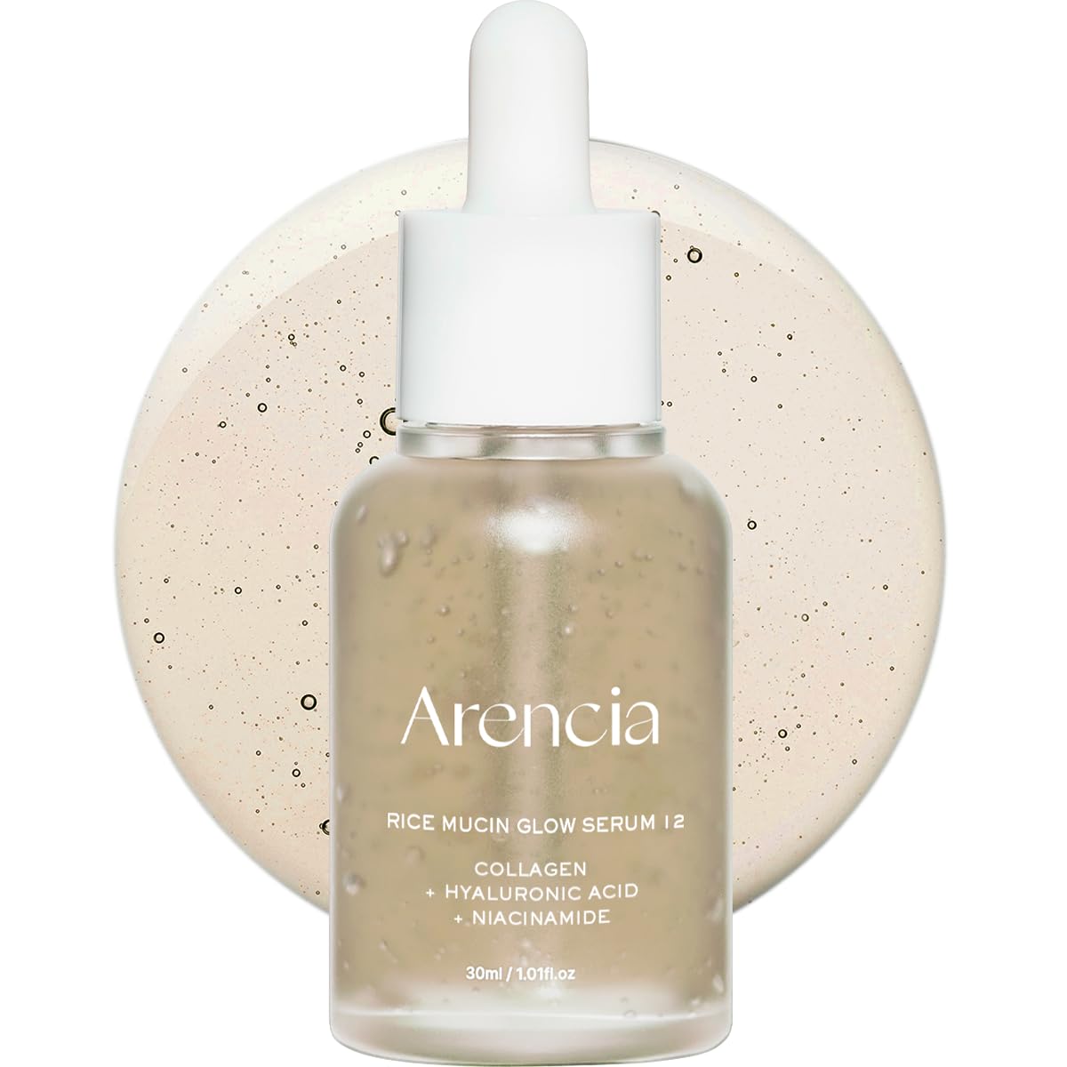 ARENCIA Rice Mucin Glow Serum bottle highlighting radiant skin and hydration.