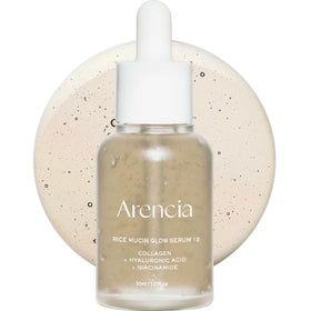 ARENCIA Rice Mucin Glow Serum bottle highlighting radiant skin and hydration.