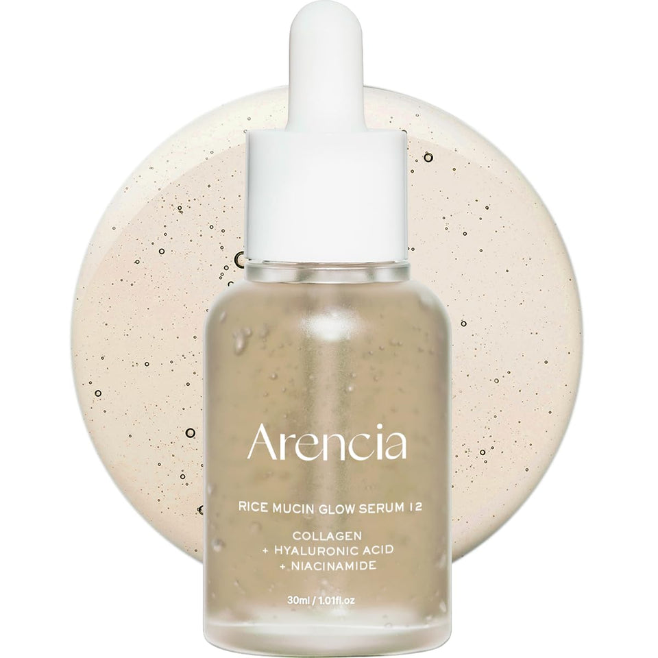 ARENCIA Rice Mucin Glow Serum bottle highlighting radiant skin and hydration.