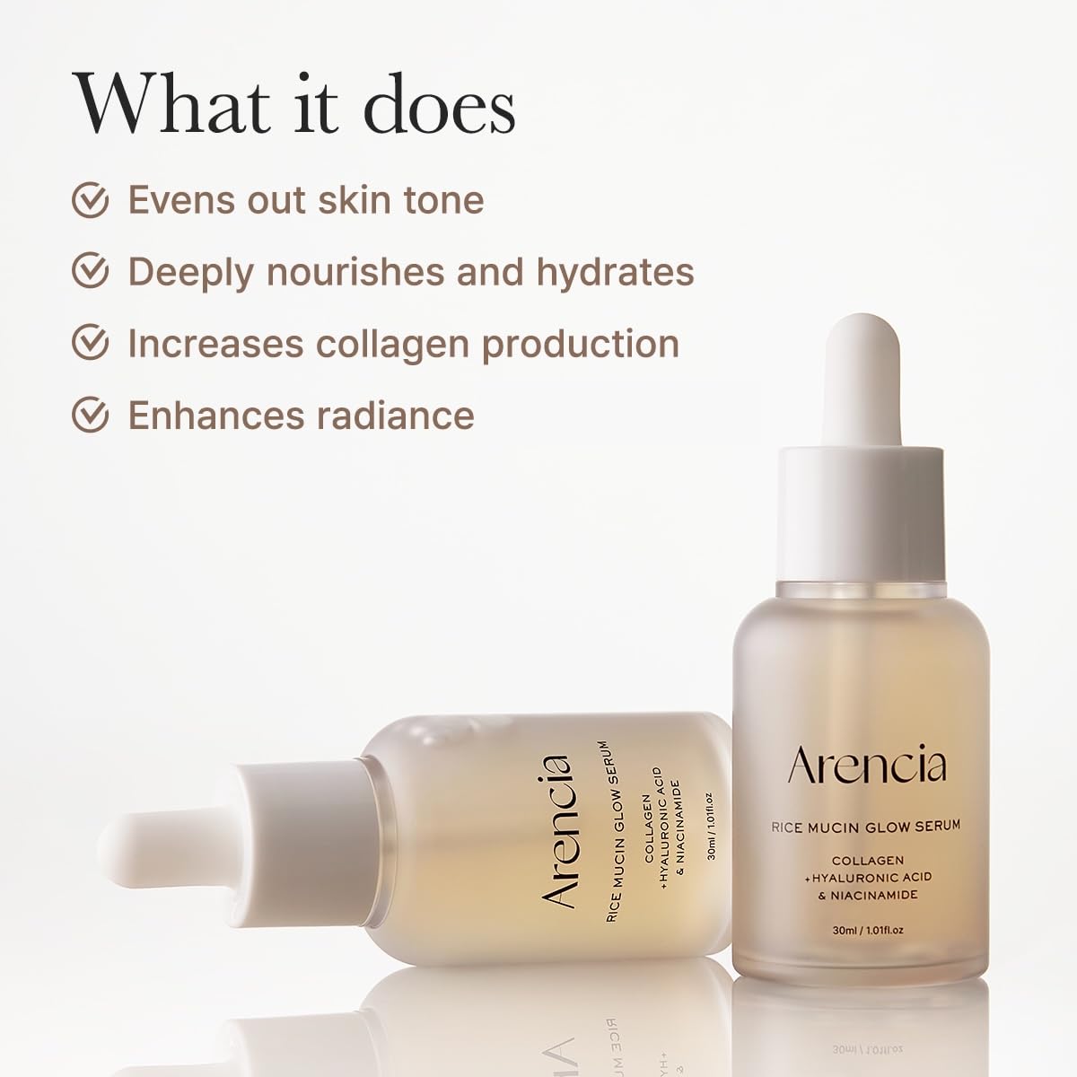 ARENCIA Rice Mucin Glow Serum bottle with dropper for easy, nourishing application.