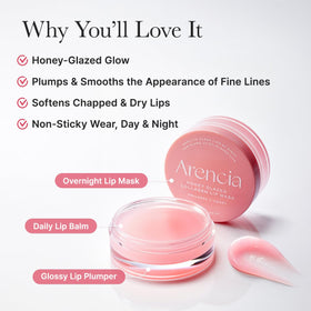 Arencia Bedtime application image shows a soothing night time lip care ritual for overnight nourishment.