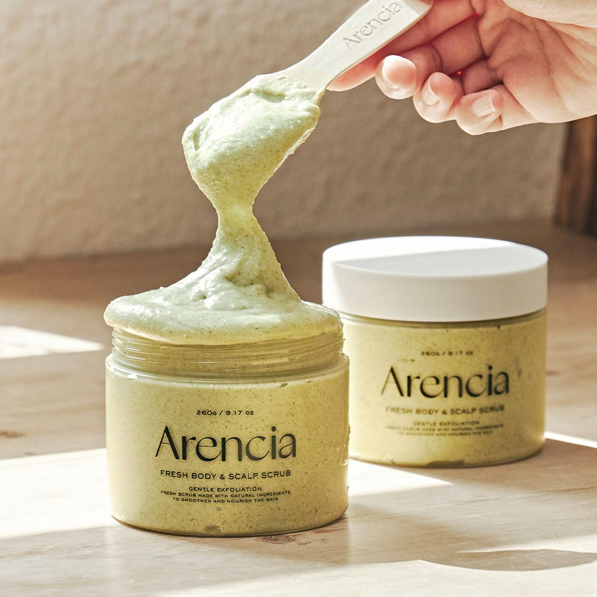 Arencia ingredient detail highlights French sea salt and organic vegan components.