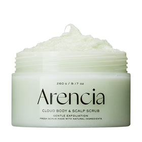 Arencia Fresh Cloud Sea Salt Scrub bottle offers gentle exfoliation for smooth skin.