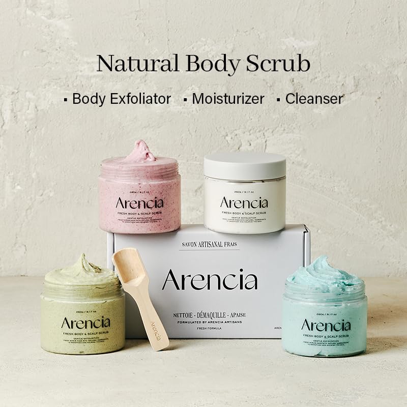 Arencia Fresh Cloud Sea Salt Scrub texture closeup highlights sea salt crystals for exfoliation.