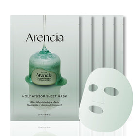 ARENCIA Hyssop Glow Sheet Mask 5-pack on a clean surface, offering instant hydration.