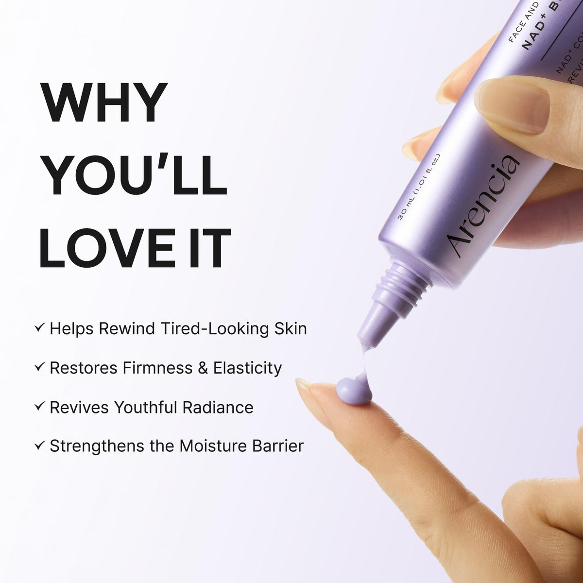 Arencia NAD+ Serum Booster Shot 30 mL vial on a clean surface.