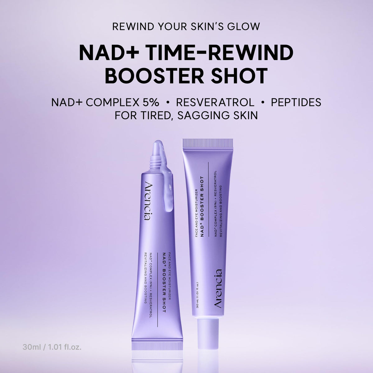 Arencia NAD+ Serum Booster Shot being absorbed for fast, lightweight hydration.