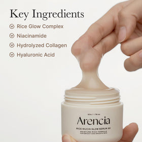 ARENCIA Rice Mucin Overnight Glow Serum application demonstrates dewy morning glow