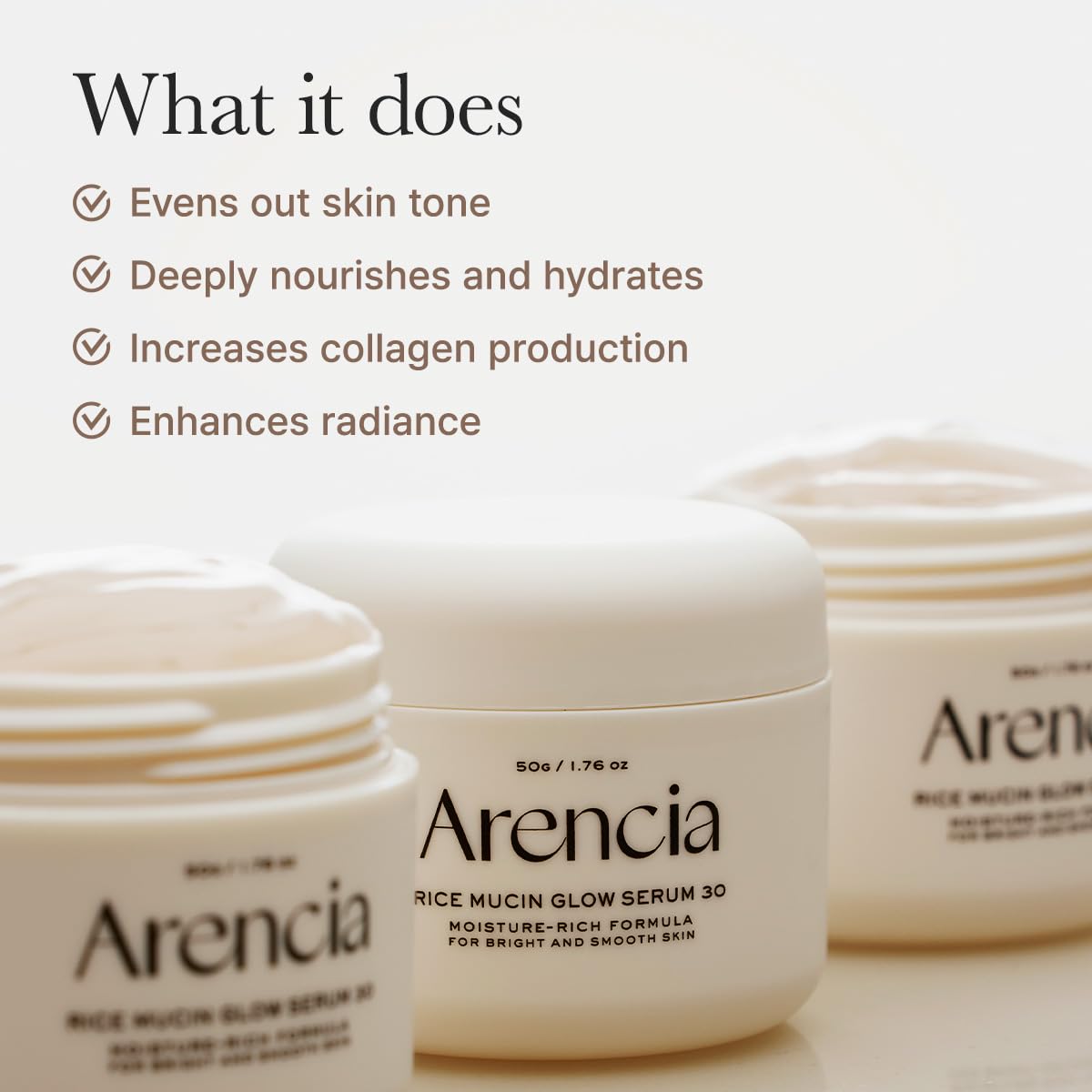 ARENCIA Rice Mucin Overnight Glow Serum texture close-up reveals creamy, soothing consistency