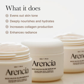 ARENCIA Rice Mucin Overnight Glow Serum texture close-up reveals creamy, soothing consistency