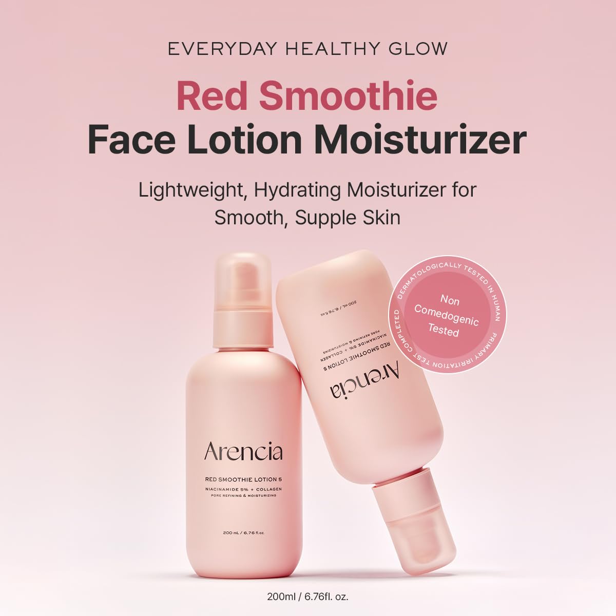 ARENCIA Red Smoothie Lotion ingredients featuring niacinamide for balanced texture
