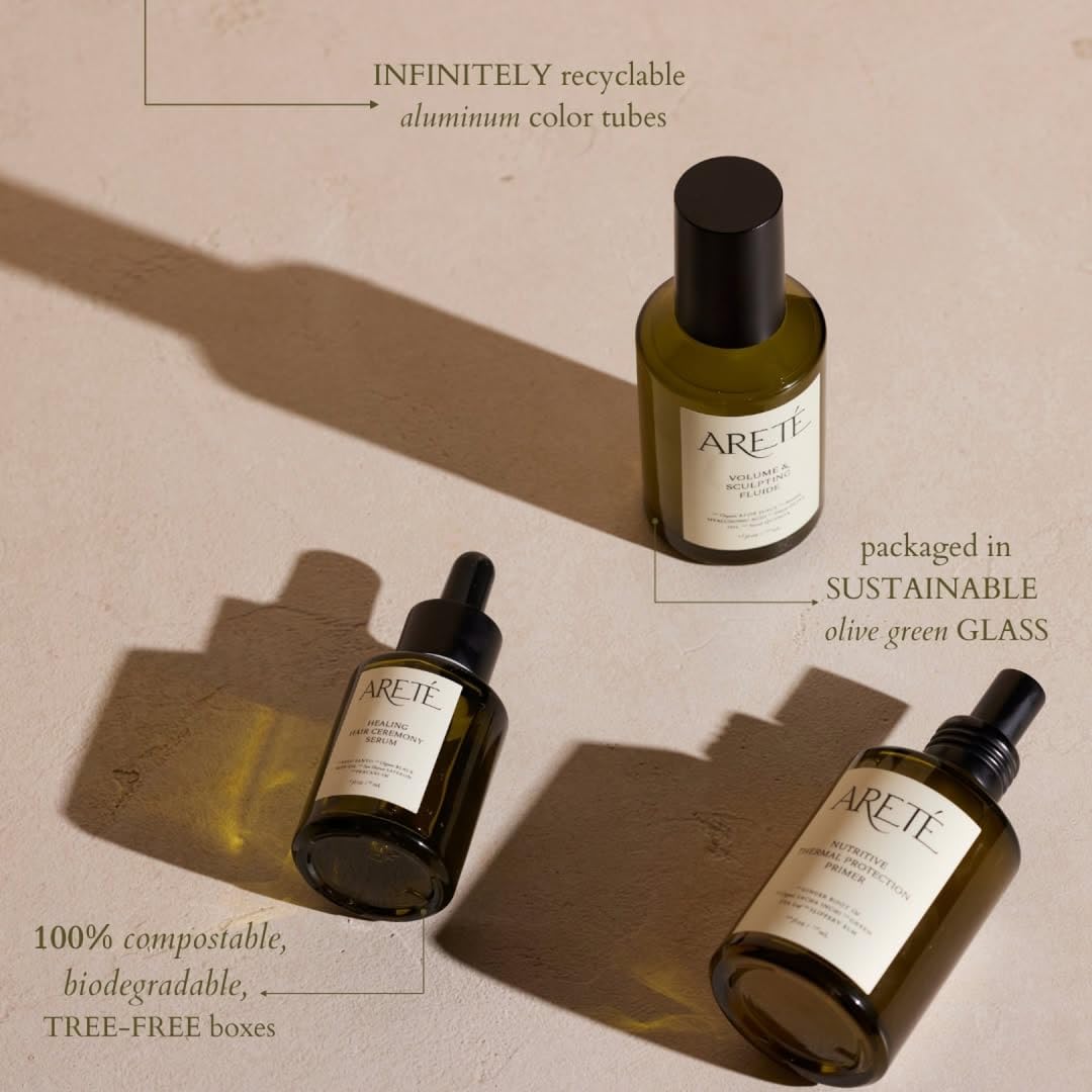 Eco-friendly packaging signals recyclable glass and tree-free boxes.