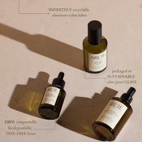 Eco-friendly packaging signals recyclable glass and tree-free boxes.