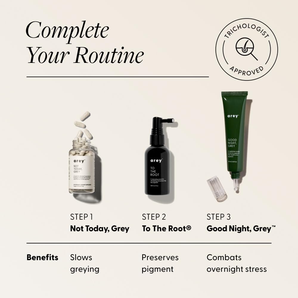 Arey Good Night Grey ingredient panel features algae-derived antioxidants for scalp health.
