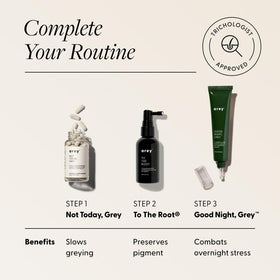 Arey Good Night Grey ingredient panel features algae-derived antioxidants for scalp health.