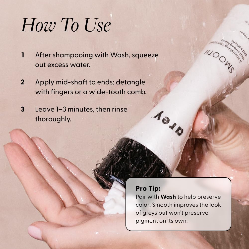 Arey Smooth Conditioner in use on mid-length hair shows improved manageability.