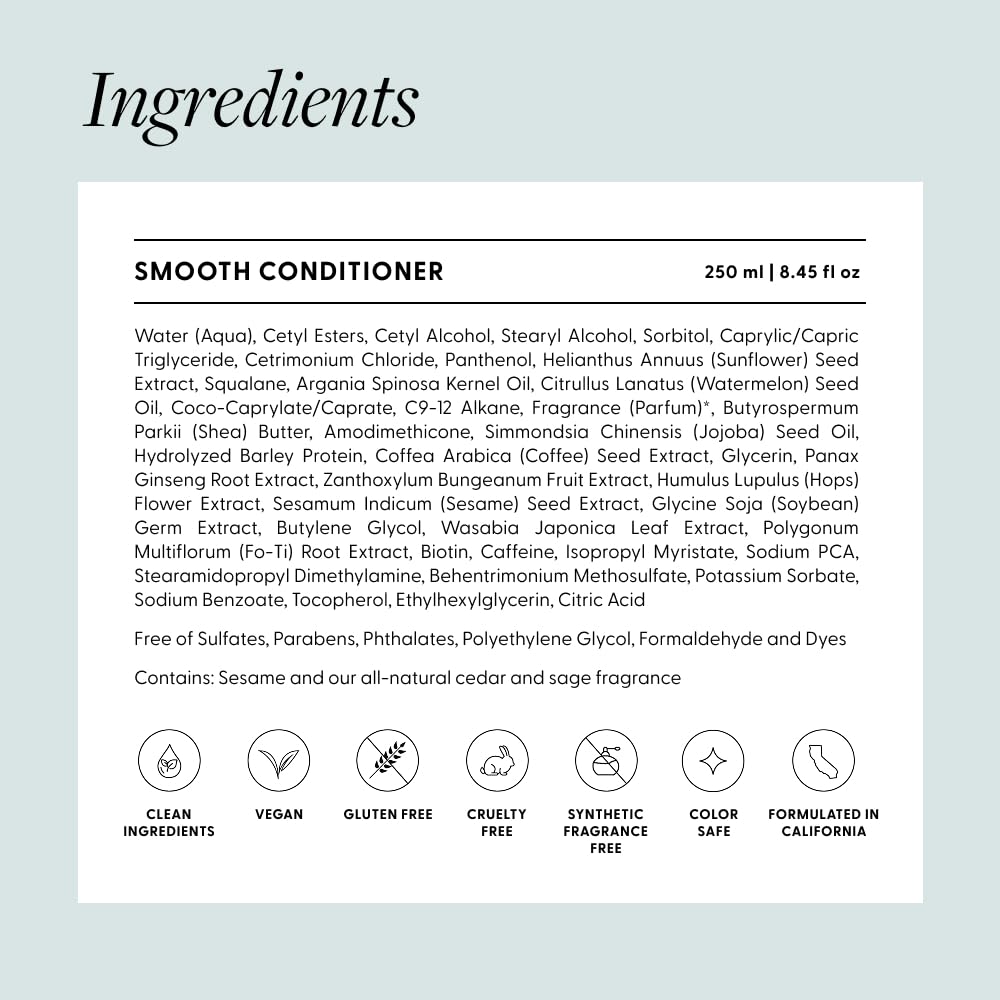 Arey Smooth Conditioner ingredients panel highlights barley protein and jojoba oil for strength and moisture.