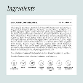 Arey Smooth Conditioner ingredients panel highlights barley protein and jojoba oil for strength and moisture.