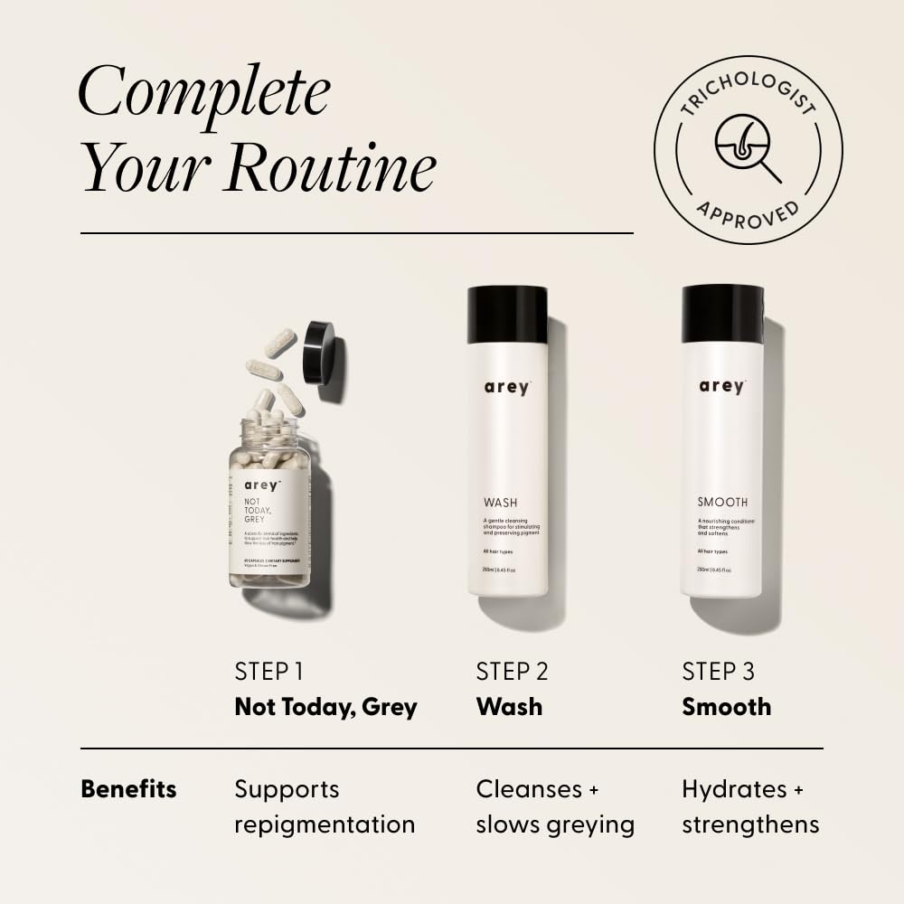 Arey Smooth Conditioner label emphasizes sulfate-free, cruelty-free, and color-safe benefits.