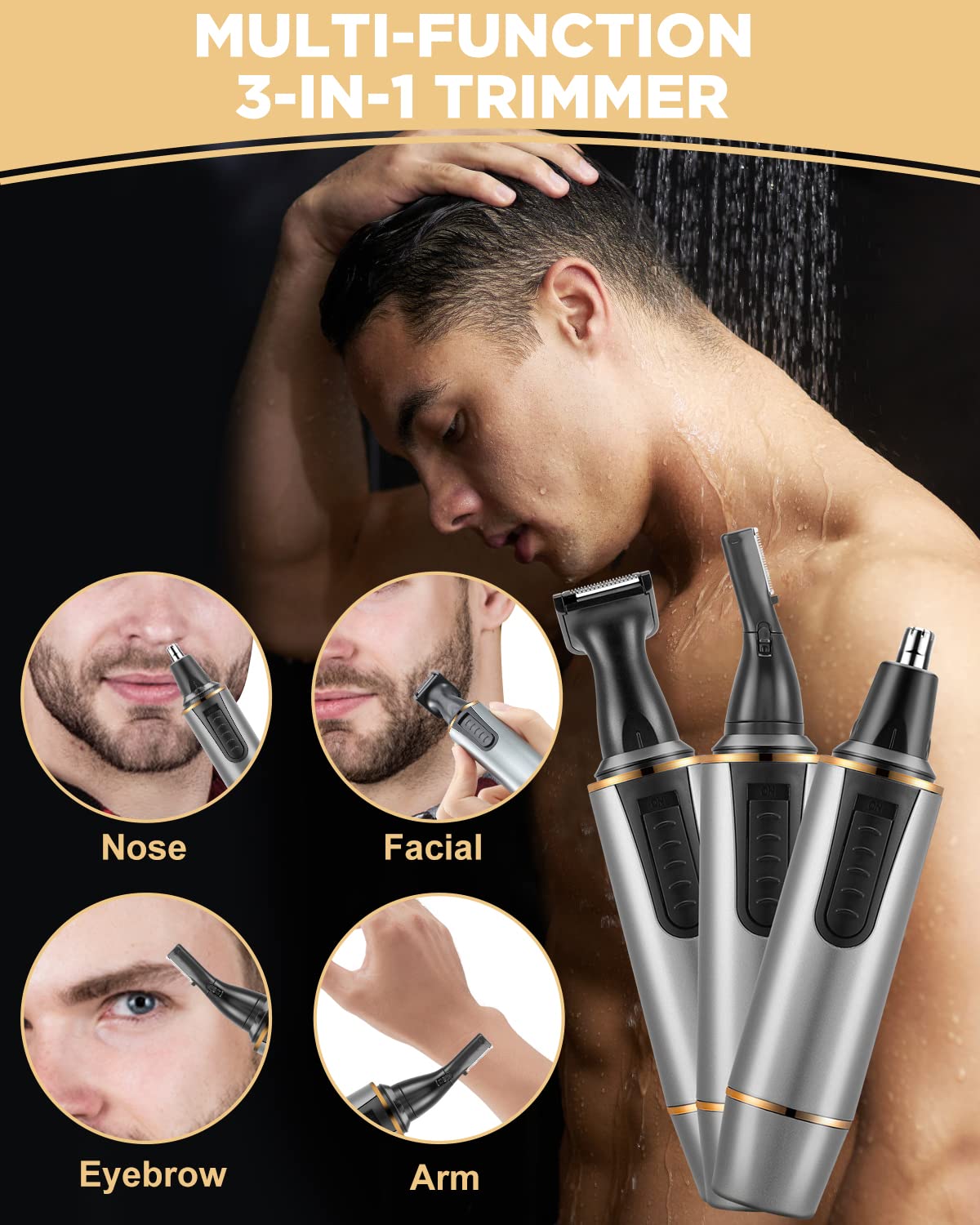 AREYZIN 3-in-1 attachments ready for nose, ear, and eyebrow trimming