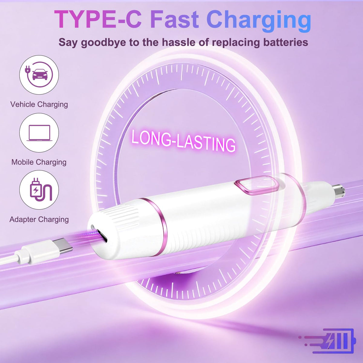 AREYZIN USB-C charging image emphasizes quick recharge and long battery life.