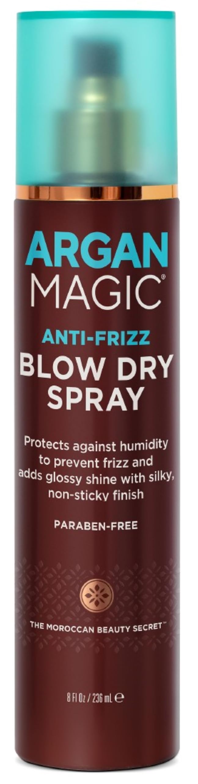 Argan Magic anti-frizz blow dry spray bottle delivers humidity protection for sleek hair.