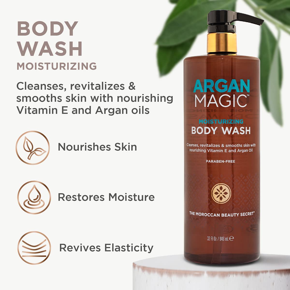 Argan Magic cleansing body wash being poured for easy daily use.