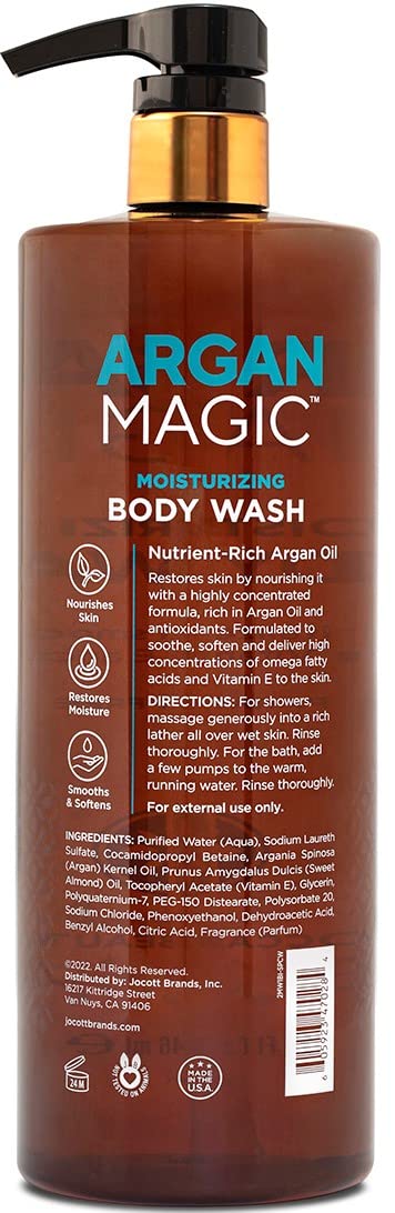 Argan Magic cleansing body wash lather close-up showing creamy foam.