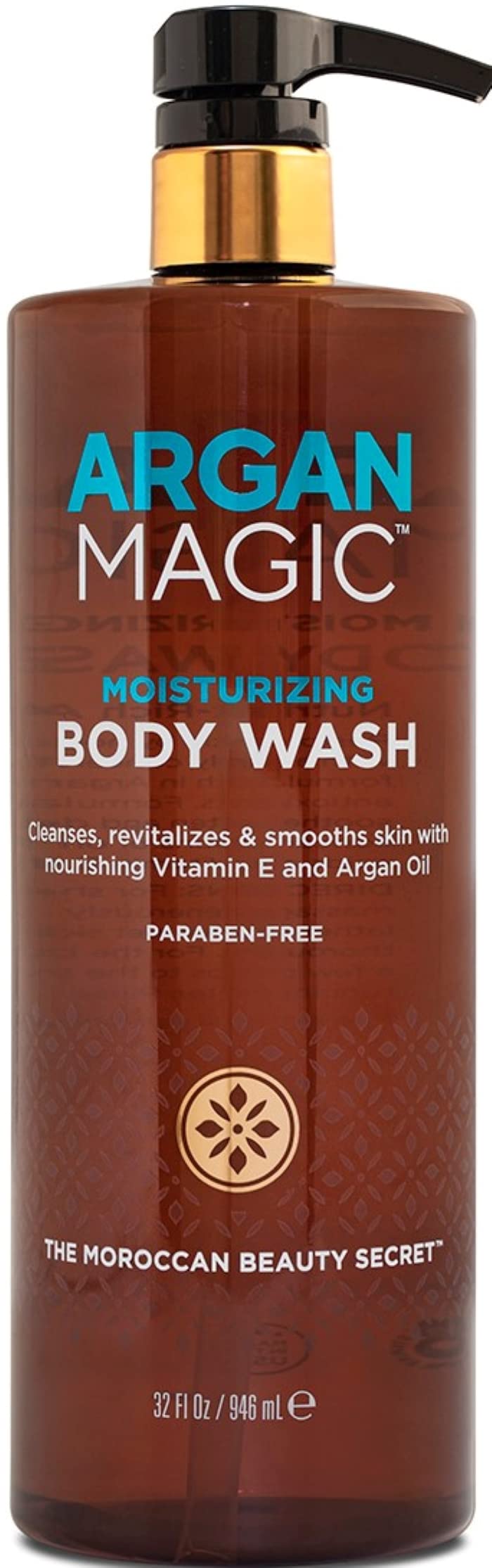 Argan Magic cleansing body wash packaging on display highlighting paraben-free formula.