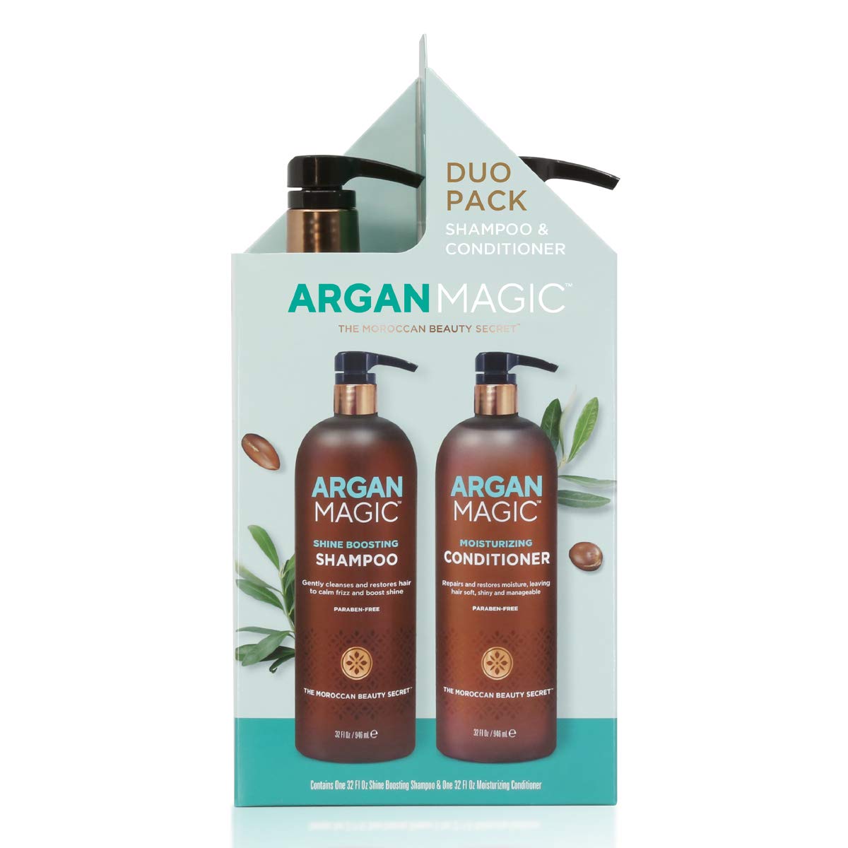 Argan Magic duo packaging display conveying value and complete care