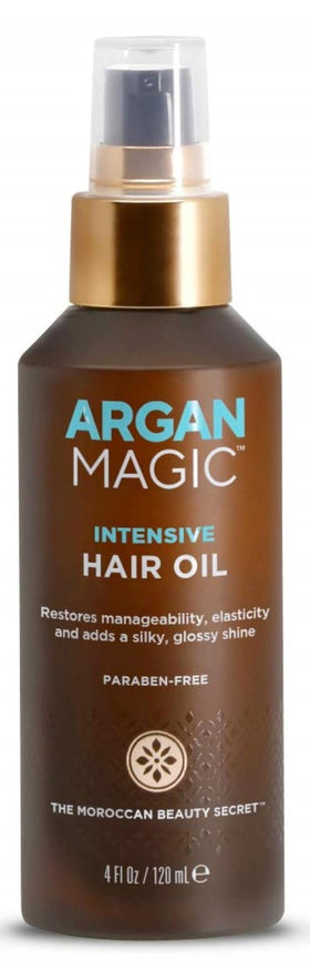 Argan Magic Intensive Hair Oil bottle delivers lightweight hydration for all hair types.