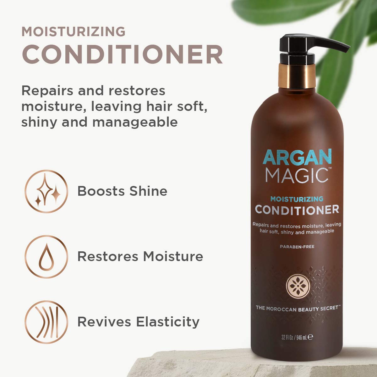 Argan Magic Moisturizing Conditioner 32-ounce jar with ingredients like argan oil and vitamin E.