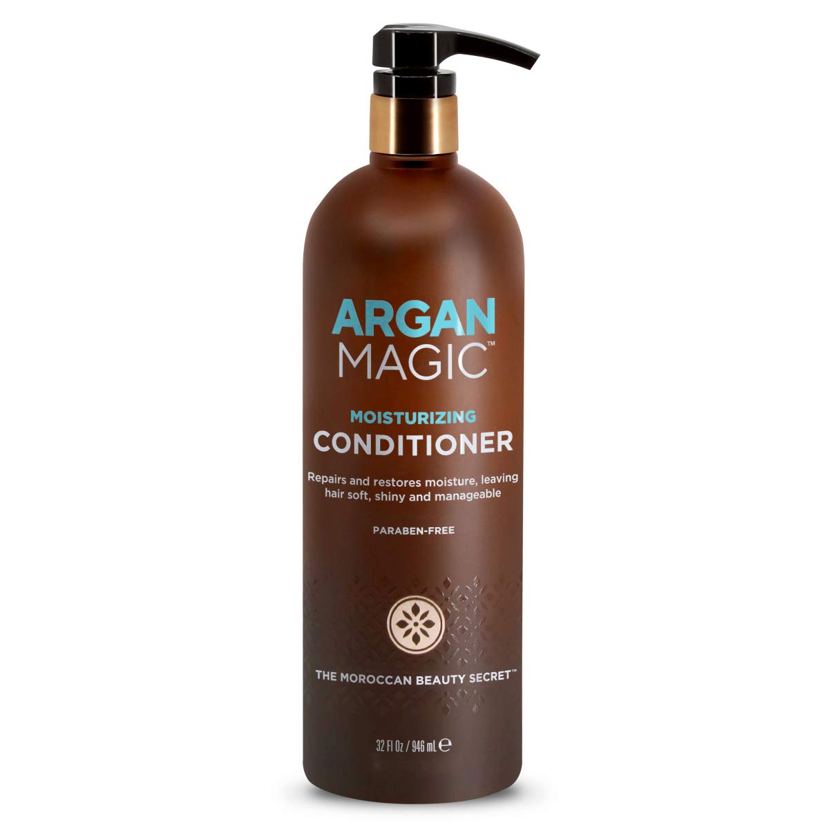 Argan Magic Moisturizing Conditioner packaging emphasizes parabens-free formula.