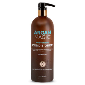 Argan Magic Moisturizing Conditioner packaging emphasizes parabens-free formula.
