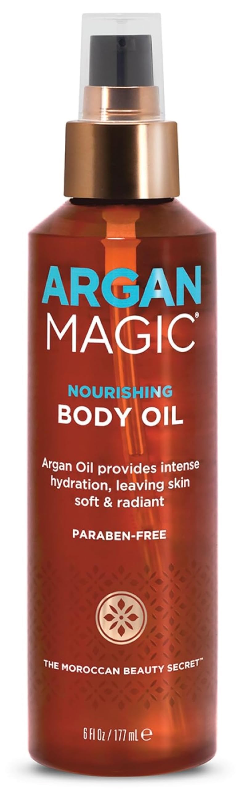 Argan Magic Nourishing Body Oil bottle delivers hydration for radiant skin.