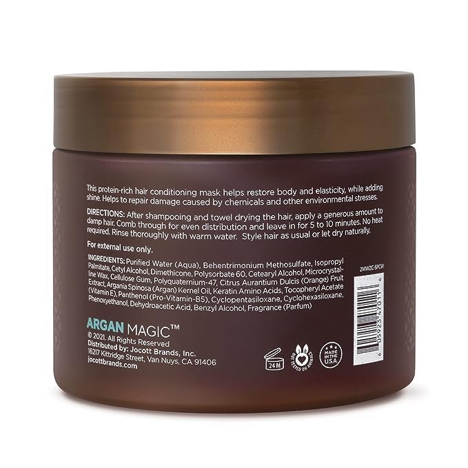 Argan Magic Restorative Hair Mask bottle close-up highlights the rich conditioning formula.
