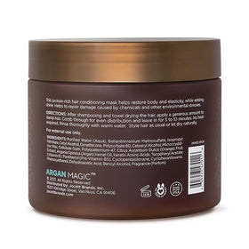 Argan Magic Restorative Hair Mask bottle close-up highlights the rich conditioning formula.