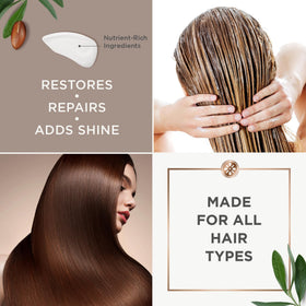 Argan Magic Restorative Hair Mask applied to hair demonstrates frizz control and shine.