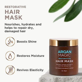 Argan Magic Restorative Hair Mask label detail emphasizes argan oil and antioxidants.