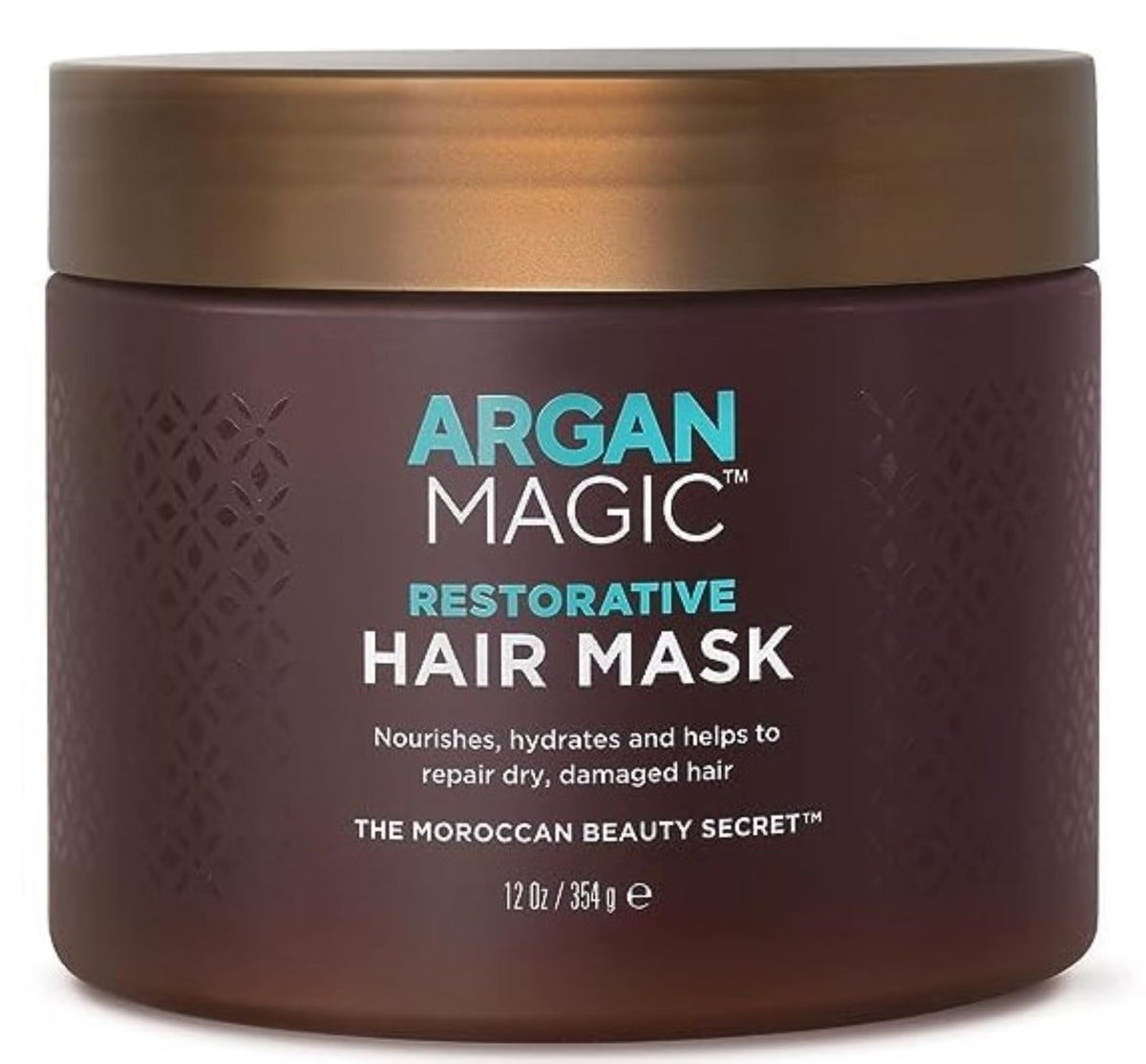 Argan Magic Restorative Hair Mask packaging displays the 12 oz bottle with paraben-free appeal.