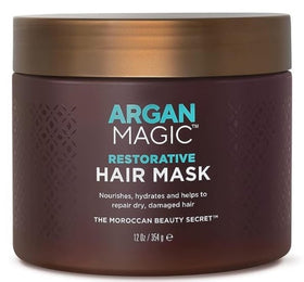 Argan Magic Restorative Hair Mask packaging displays the 12 oz bottle with paraben-free appeal.