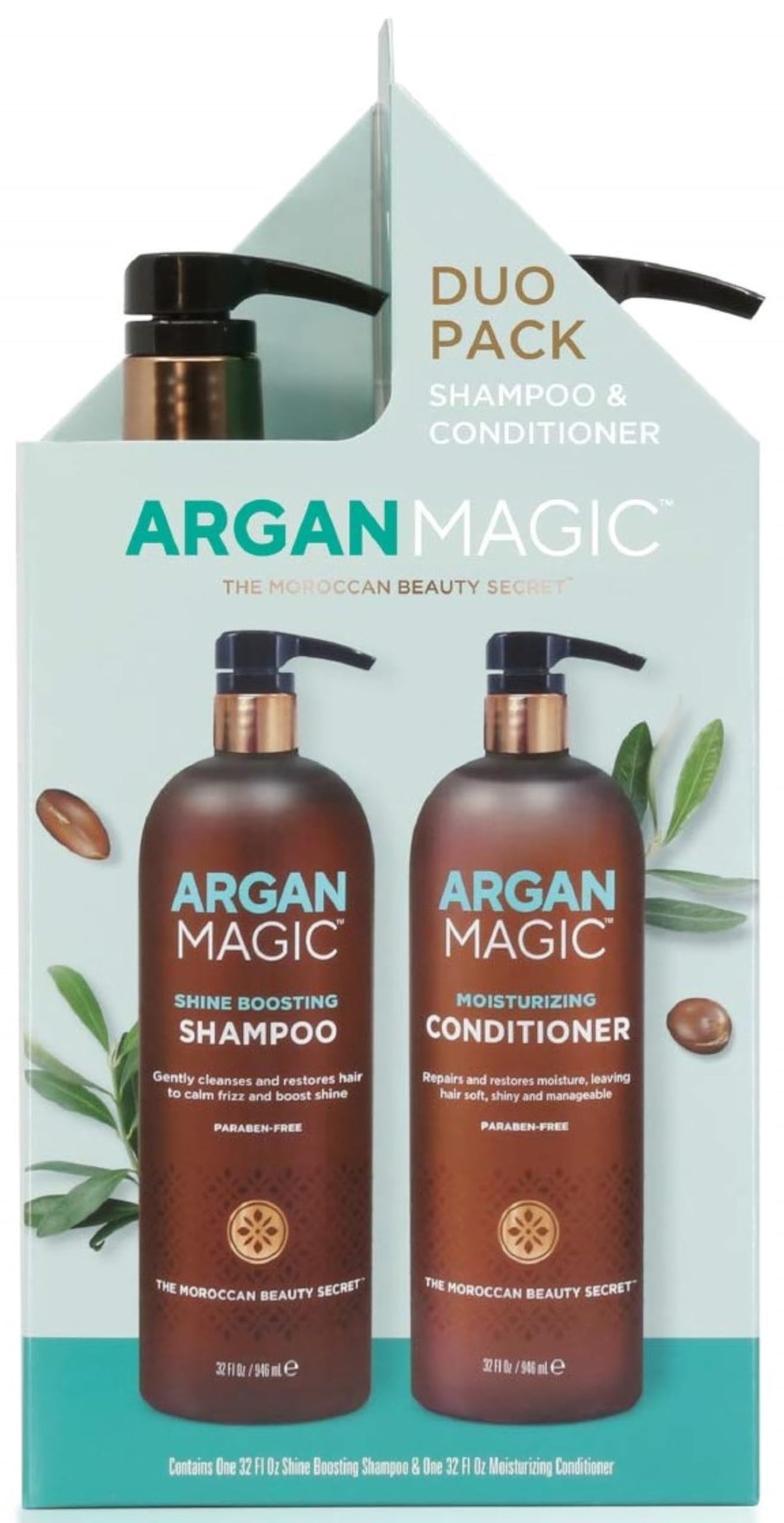 Argan Magic Shine Boosting Shampoo bottle showing radiant shine and moisture boost