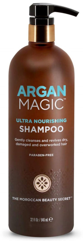 Argan Magic Ultra Nourishing Shampoo bottle-pour showing easy dispensing