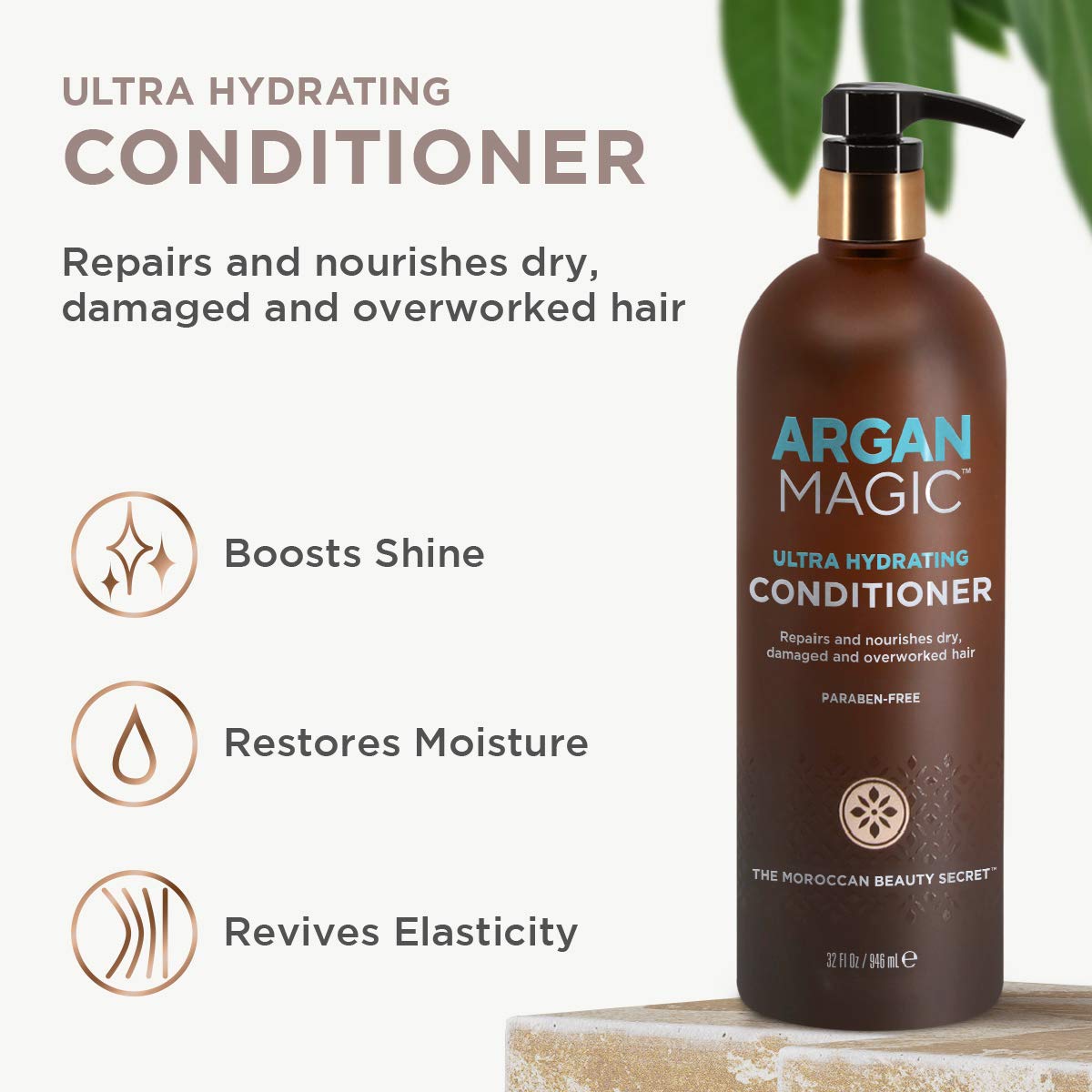 Argan oil and antioxidants ingredients highlight nourishing hair support.