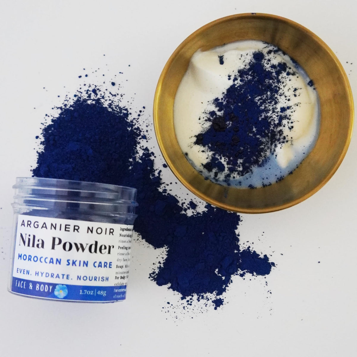Arganier Noir Blue Nila origin packaging emphasizing Moroccan pigment quality