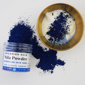 Arganier Noir Blue Nila origin packaging emphasizing Moroccan pigment quality