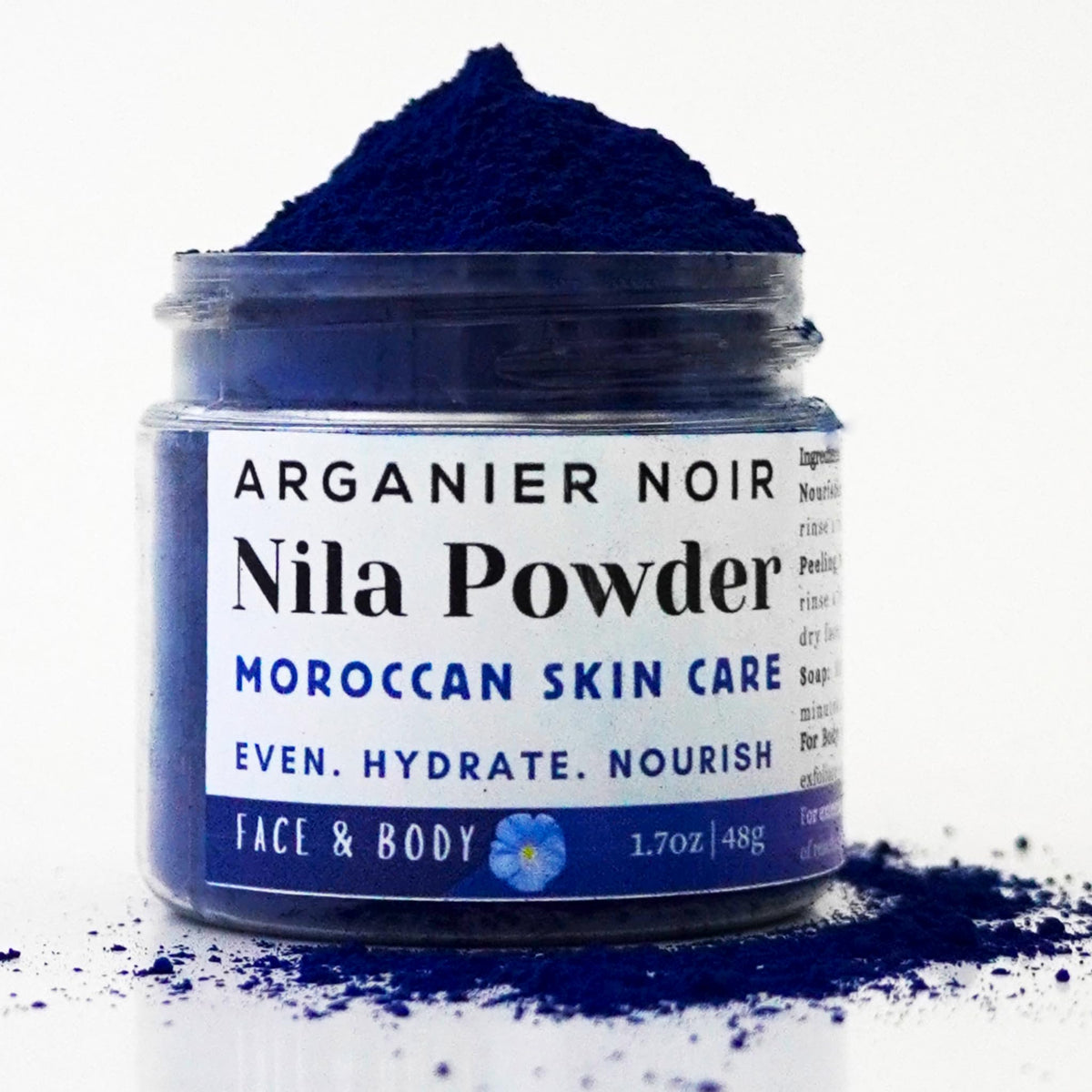 Arganier Noir Blue Nila powder jar showing authentic Moroccan indigo for skin brightening