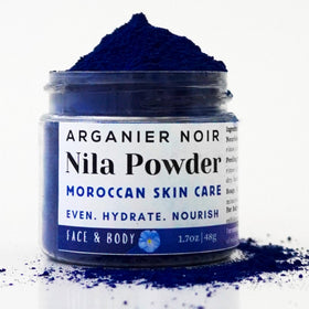 Arganier Noir Blue Nila powder jar showing authentic Moroccan indigo for skin brightening