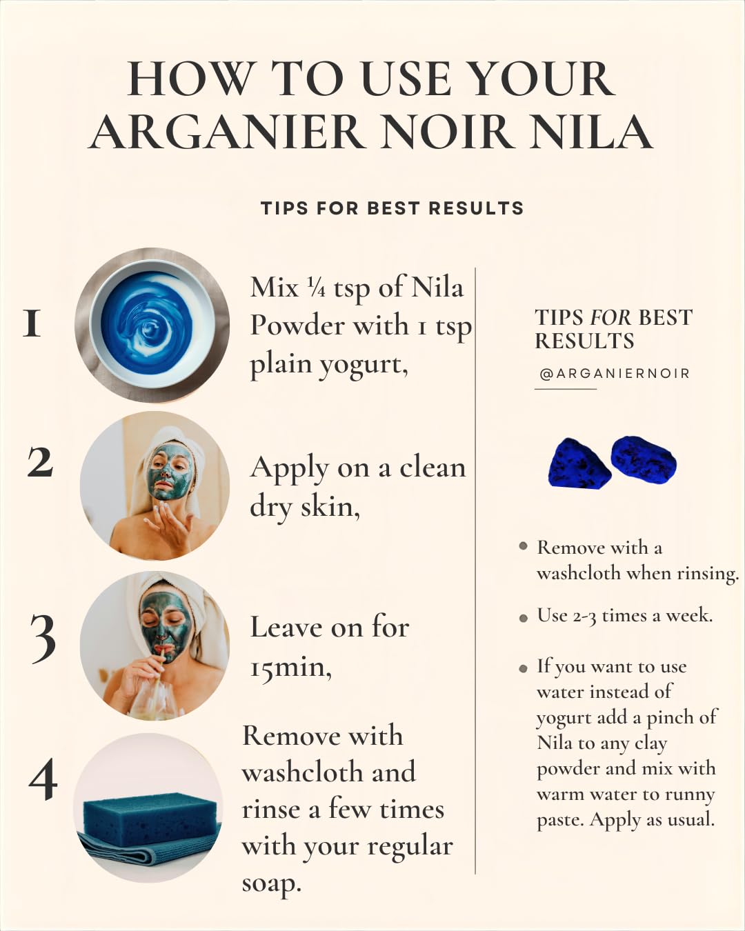 Arganier Noir Blue Nila powder scoop beside jar for convenient weekly use